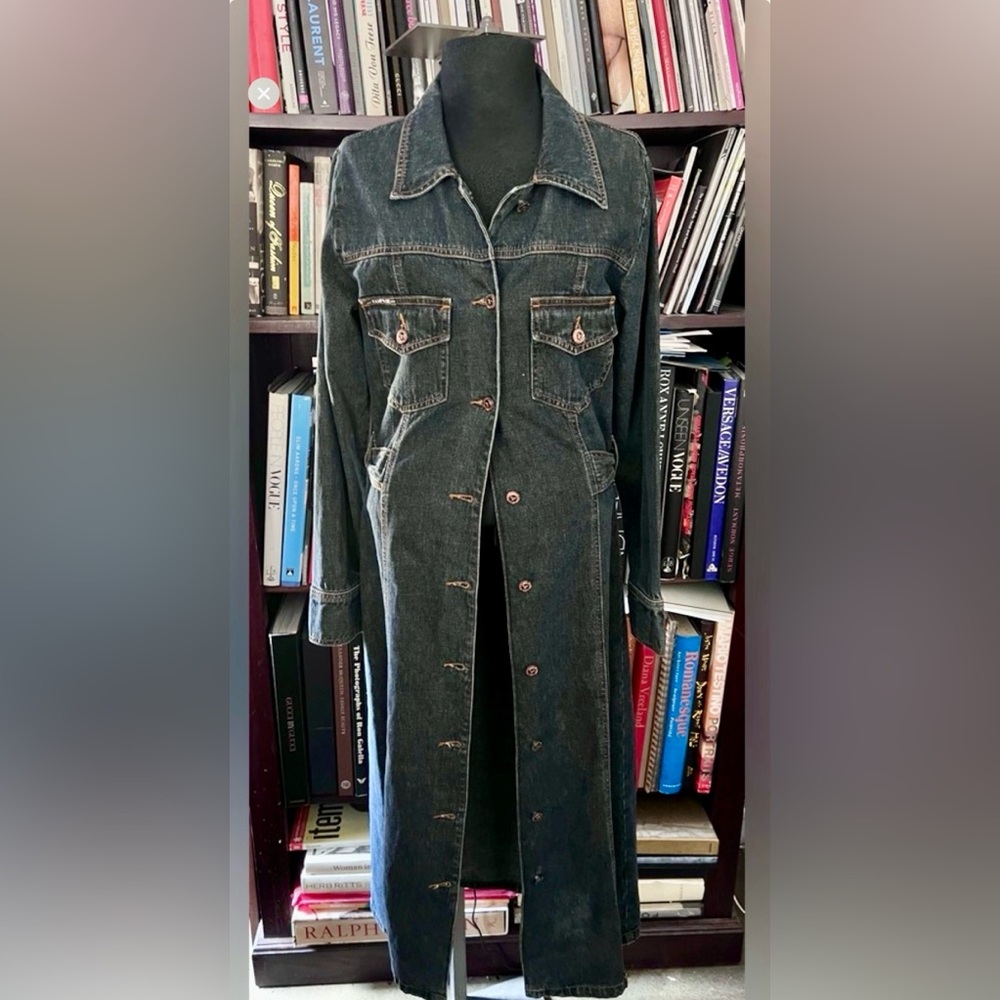 Vintage Rampage Dark blue wash Denim maxi jacket. Brass logo.medium video